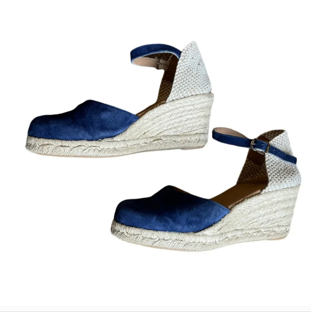 Paseart Navy Blue Suede Closed Toe Espadrille Wedge Shoes - 38/7.5